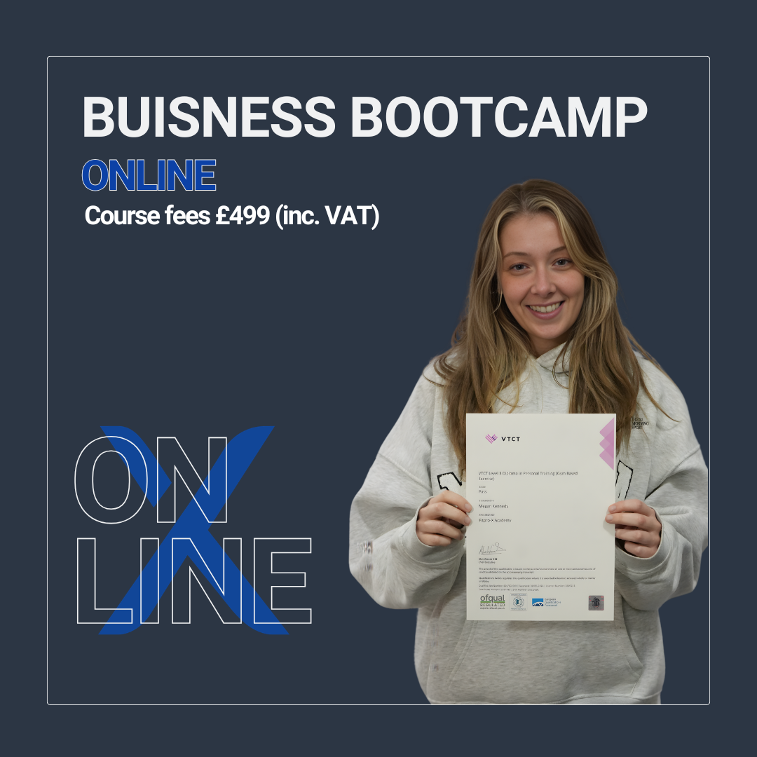 A young woman smiling and holding a certificate. The image promotes an online business bootcamp course with a fee of £499, including VAT, featuring the text 'ON LINE' and 'BUSINESS BOOTCAMP' on a dark background.