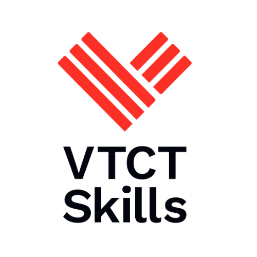 Logo with red stylized heart shape made of three parallel lines, and the text 'VTCT Skills' underneath.