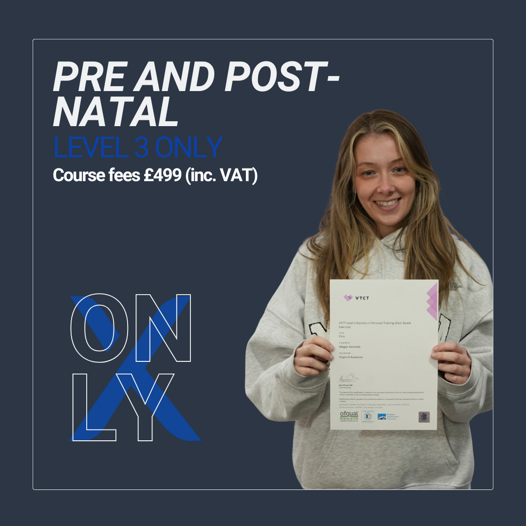Poster advertising a pre and post-natal course for level 3 only, with course fee of 499 pounds including VAT. The poster features a smiling young woman holding a certificate, standing against a dark background with the text 'Onyx' and course details.