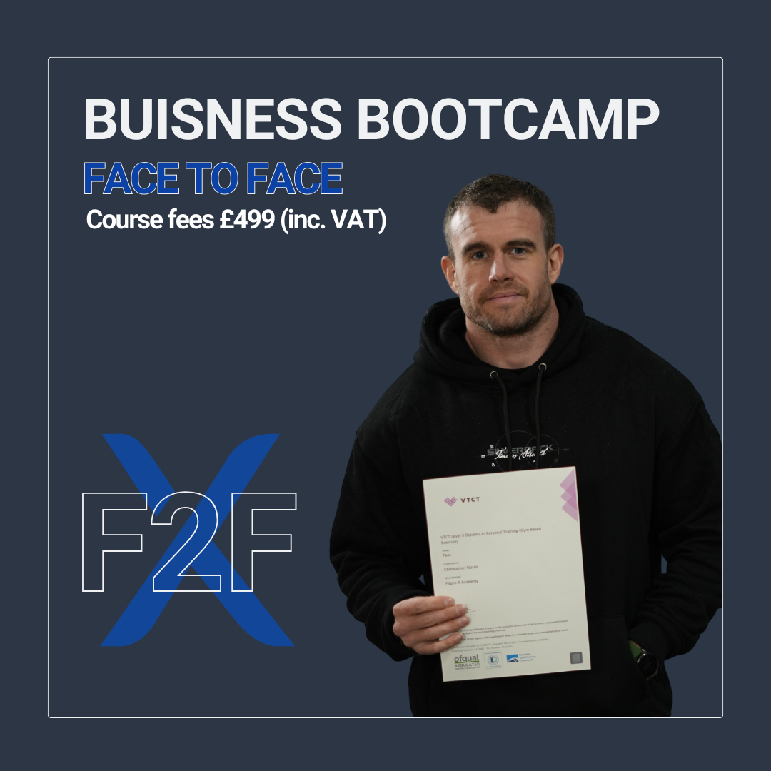 Promotional poster for a business bootcamp called Face to Face with a man holding a certificate, dark background, text about course fees, and a large blue 'F2F' logo.