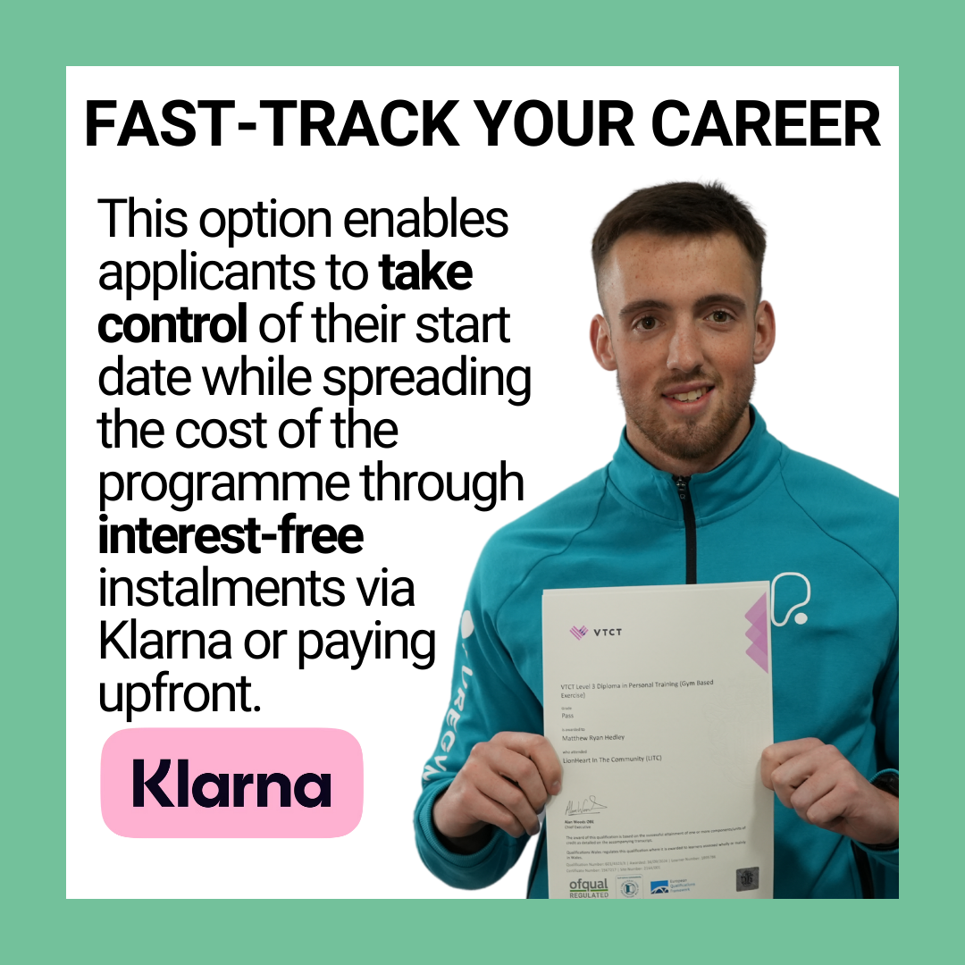 Young man in a teal jacket holding a certification, with promotional text about fast-tracking careers through interest-free installment plans, featuring the Klarna logo.