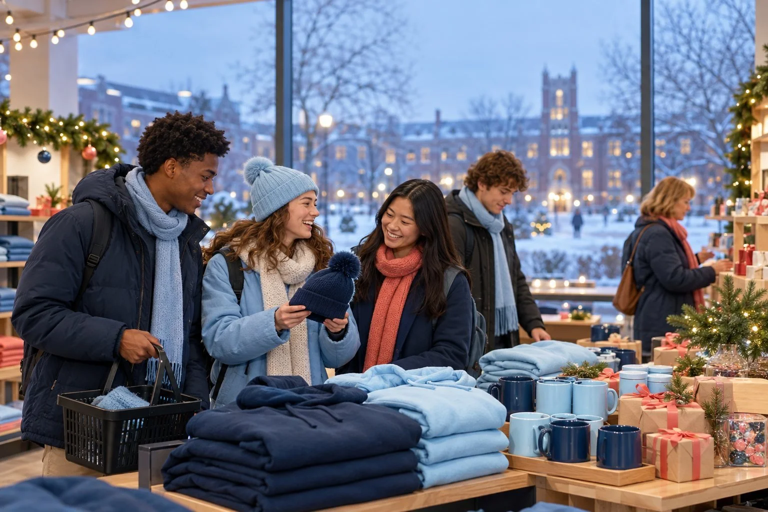 College students shopping for gifts in a campus store decorated for the holidays