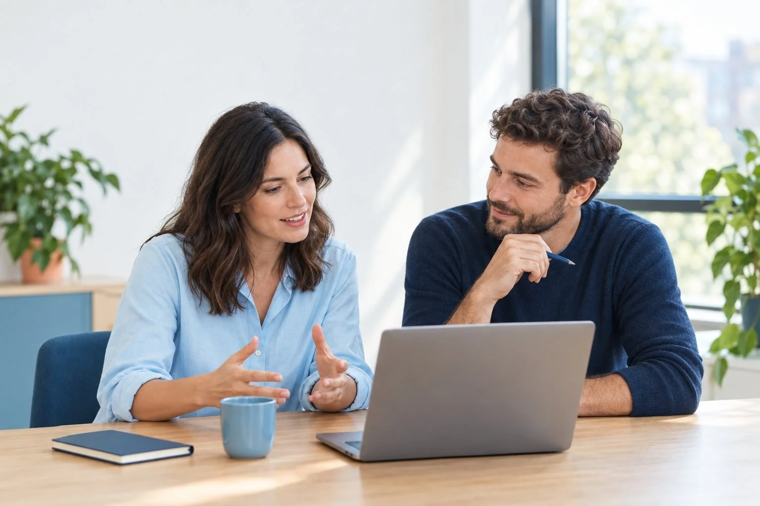 Two agency media planners talking through a campaign plan at a table in a bright office