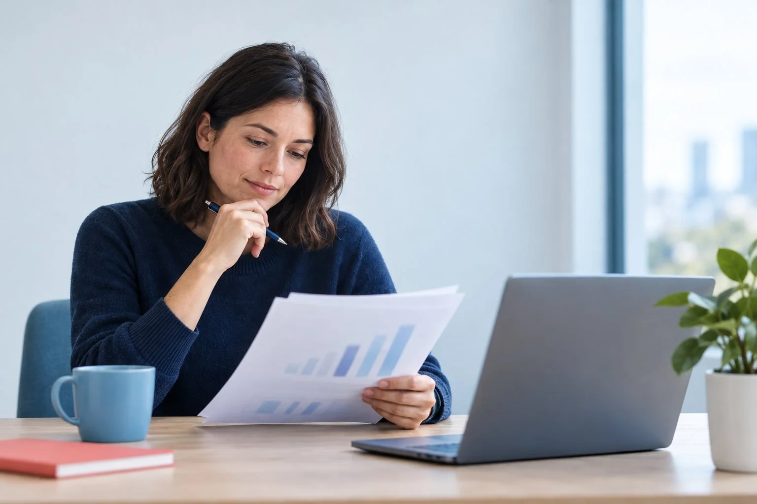 An account lead reading a printed campaign report at her desk