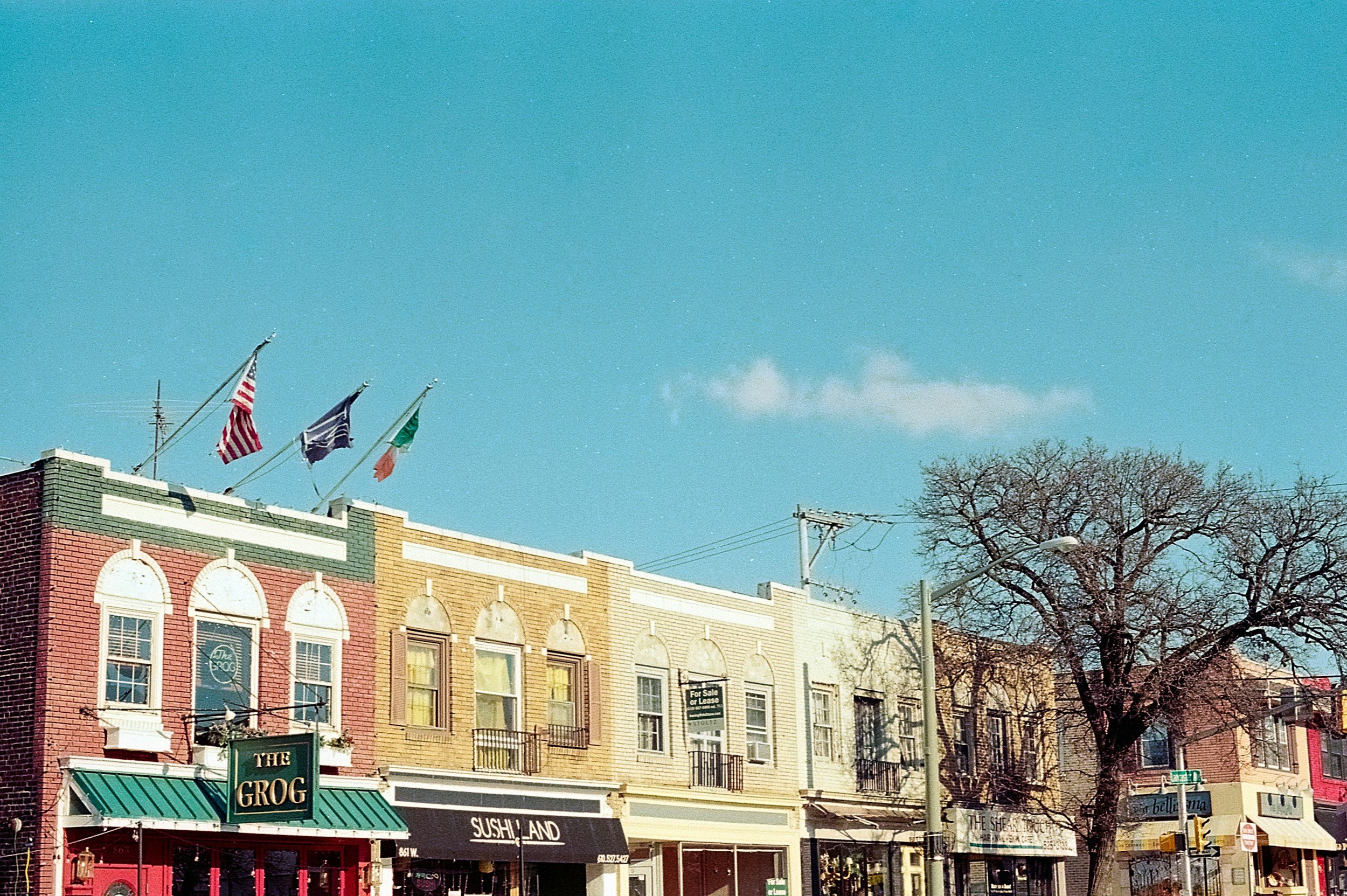 Colorful row of small shops and restaurants on a town street with a leafless tree and a clear blue sky with a few clouds.