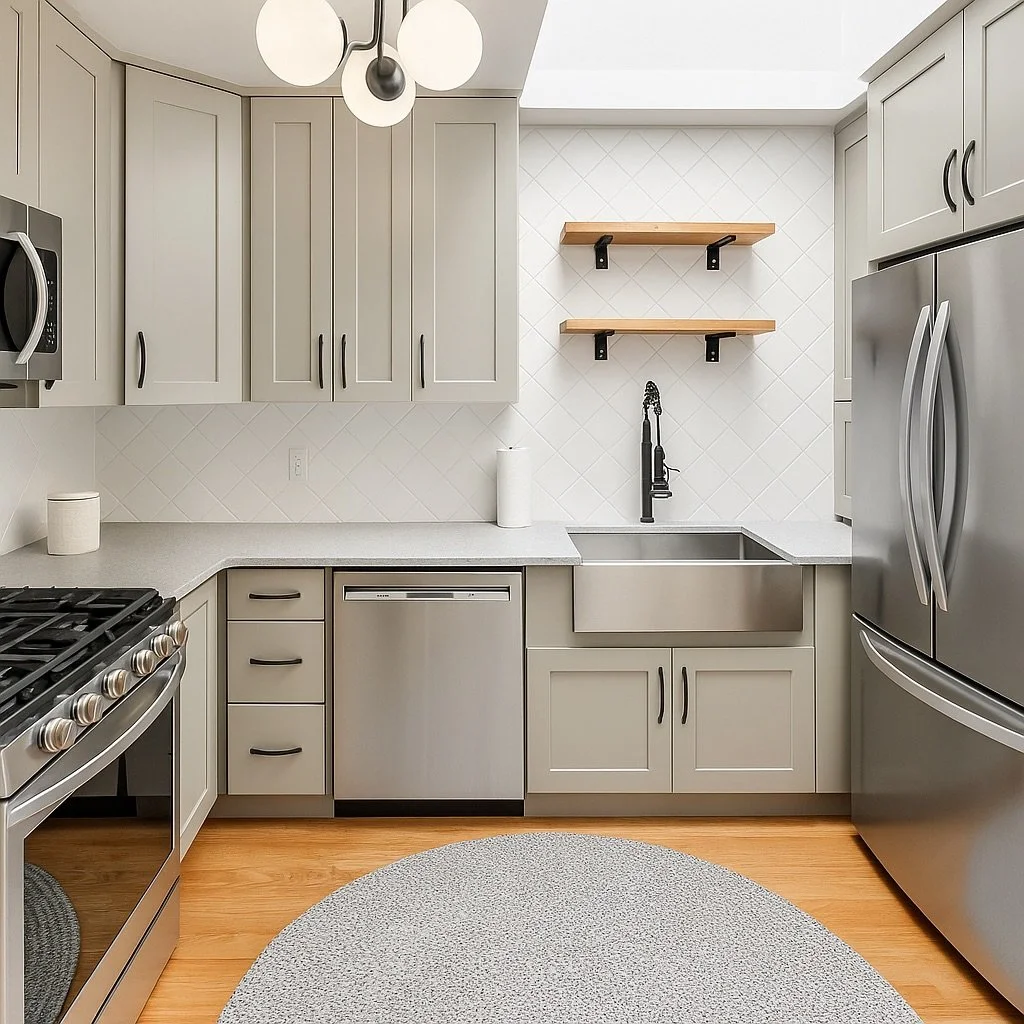 Modern kitchen with gray cabinets, stainless steel appliances, two wooden shelves on a white tiled wall, and a farmhouse sink under a window with a black faucet.