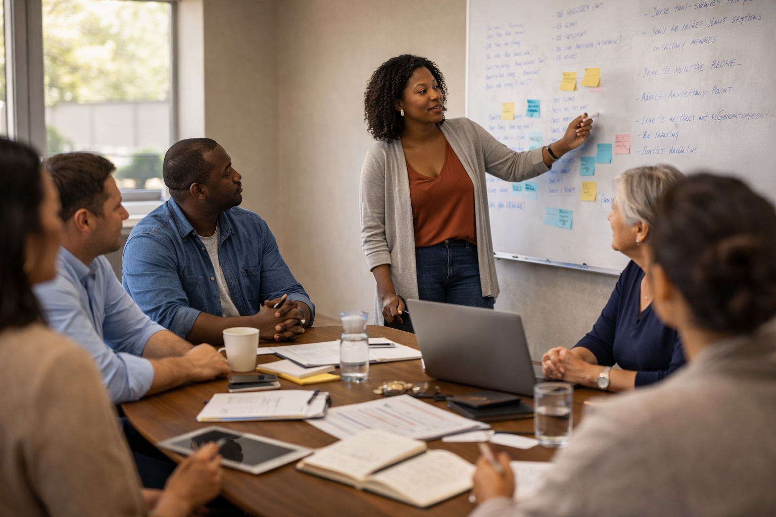A woman standing and pointing at a whiteboard during a meeting, with five seated colleagues around a table with notebooks, tablets, and drinks.