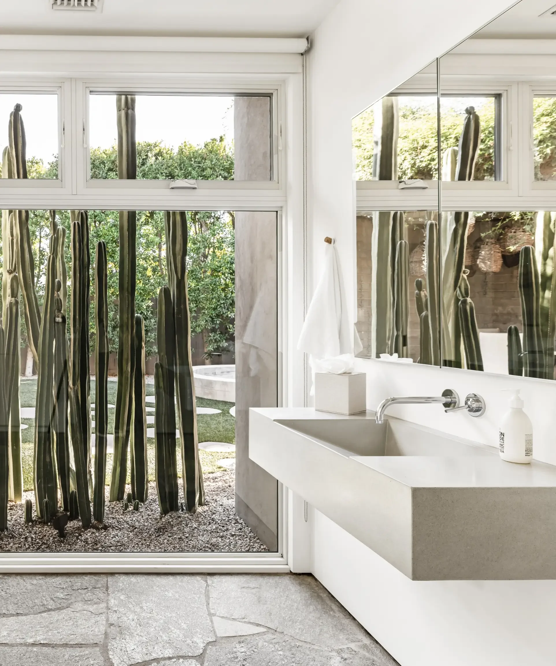 Bathroom with large glass window showing cactus plants outside, white countertop with sink, and a mirror reflecting the cacti.