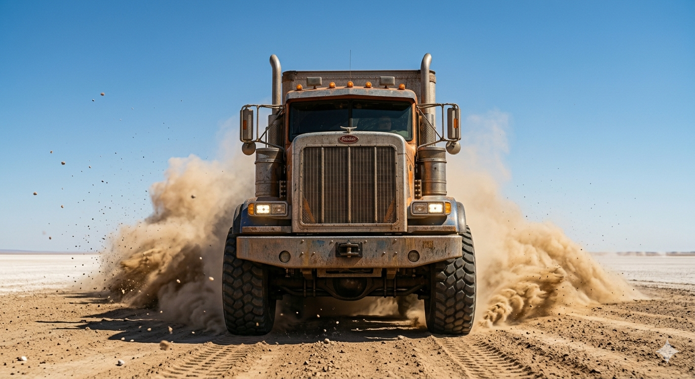 Giant US-style lorry driving at speed through a flat desert landscape