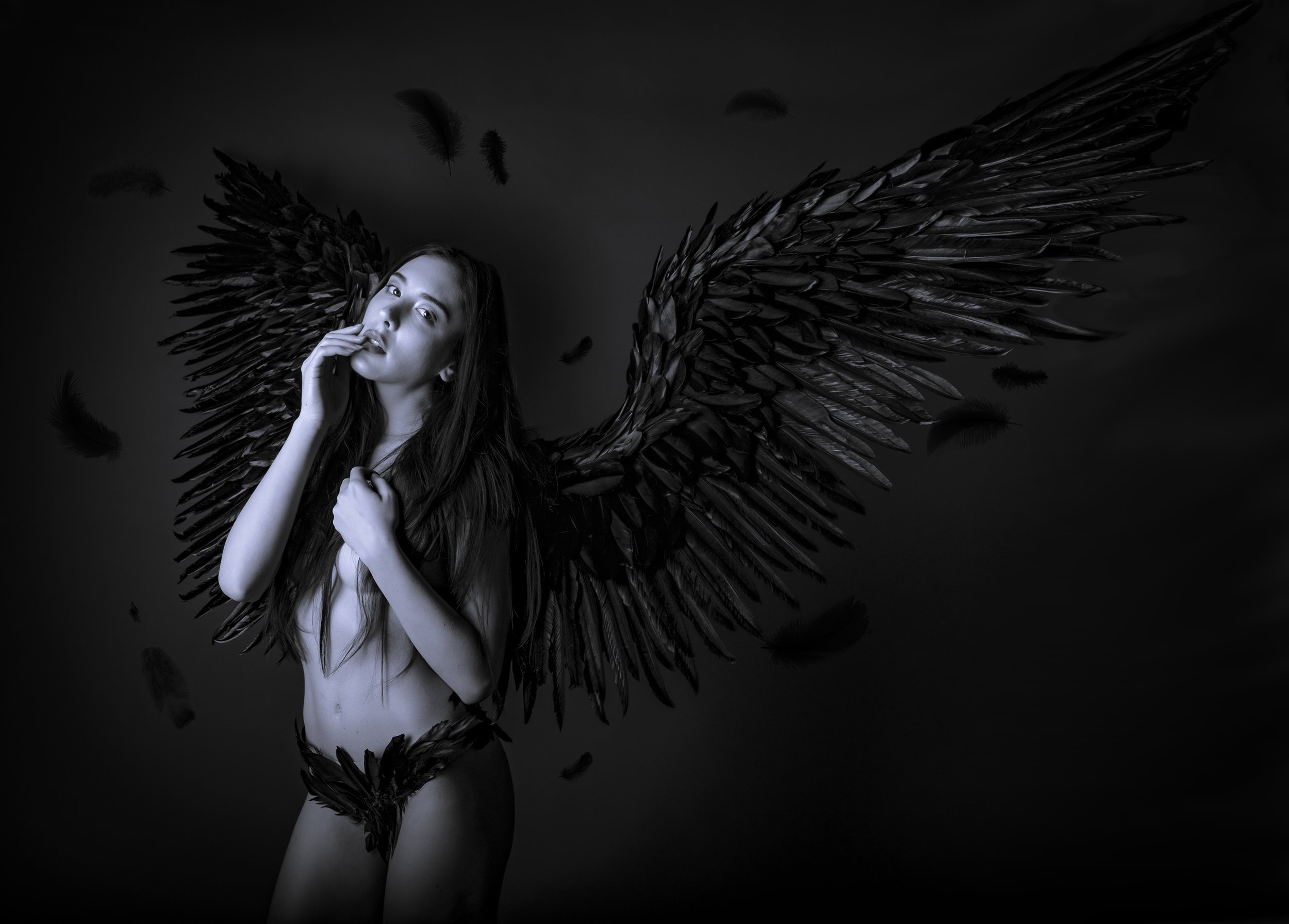 A black-and-white photo of a woman with long hair, large black feathered wings, and feathers floating around her, with a dark background.
