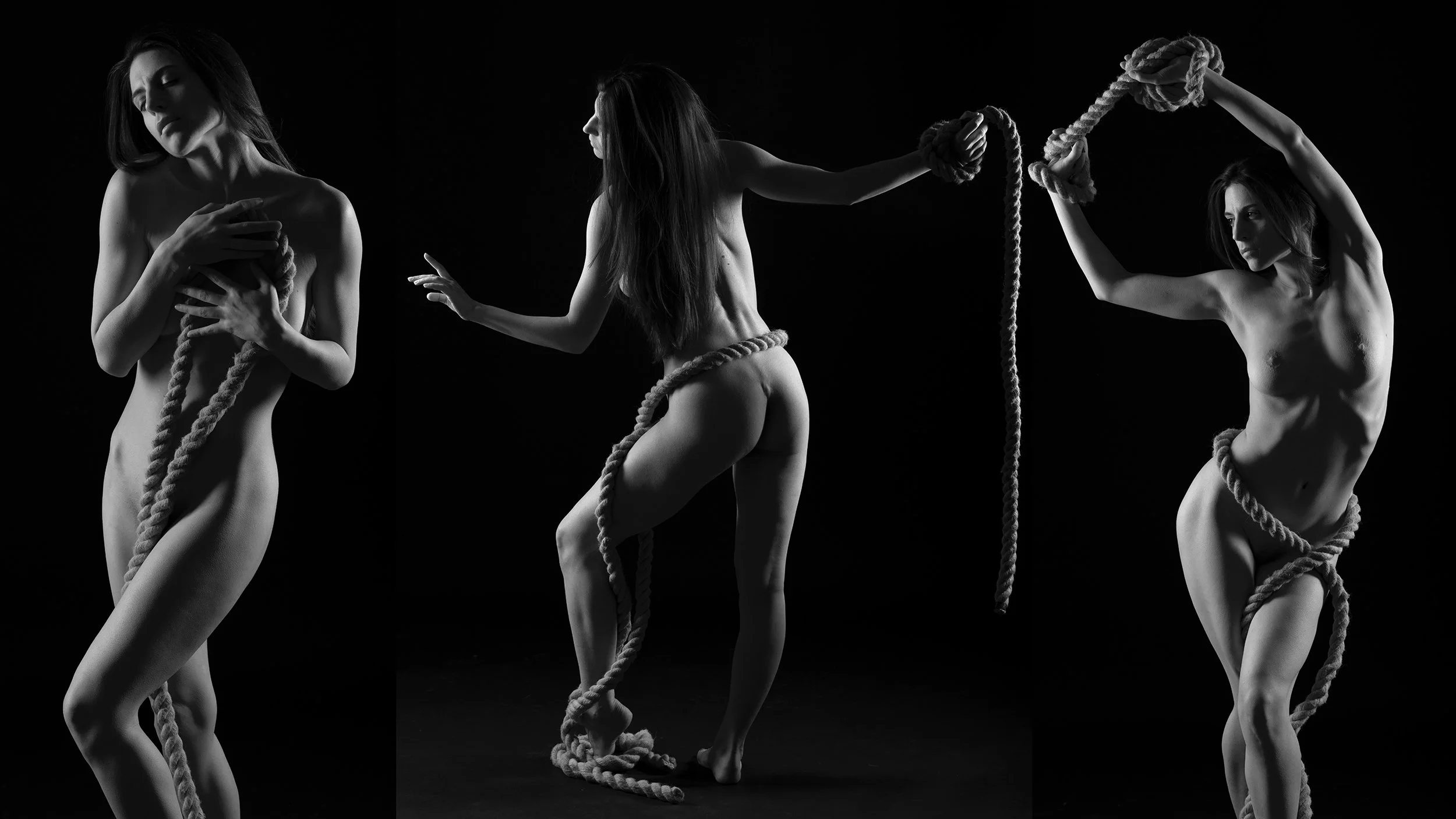 Three nude women with ropes around their bodies, posed artistically against a black background.