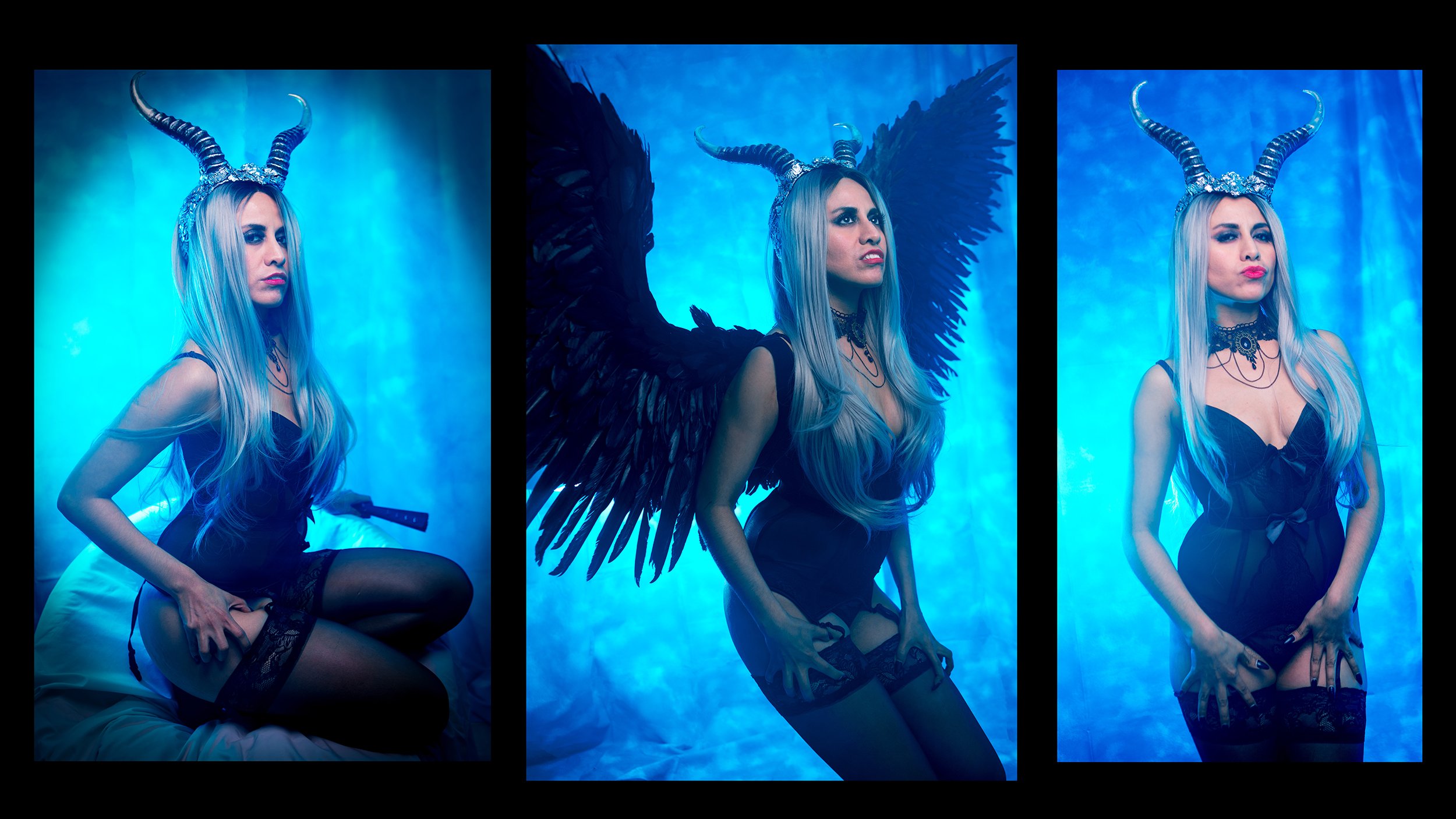 A woman with long silver hair and fantasy costume featuring horns and wings, posing against a blue background in three different stances.