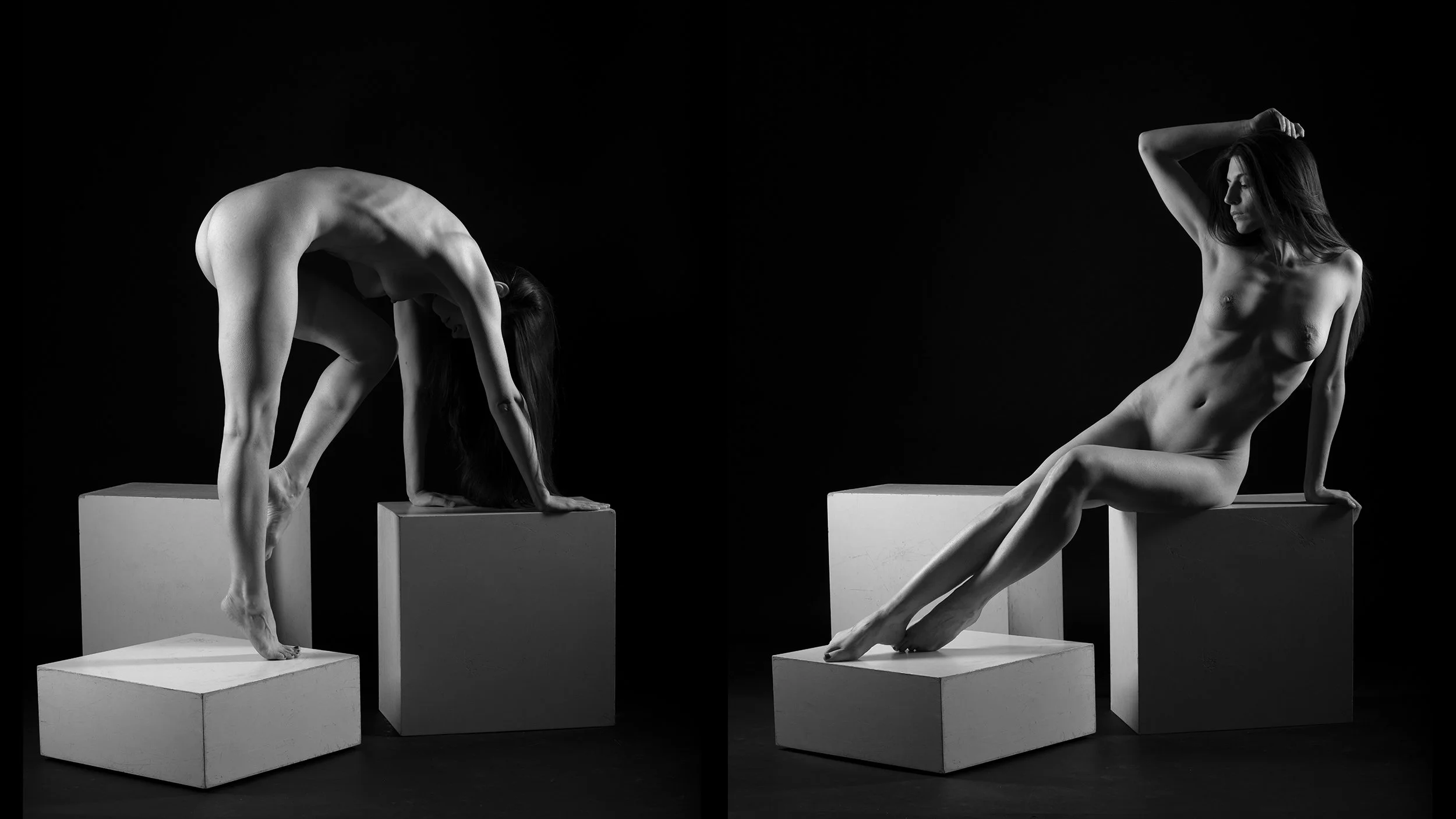 Black and white photo of a nude woman on the left bending forward with hands on a white cube, and the same woman on the right sitting sideways with one arm raised above her head, both on black background.