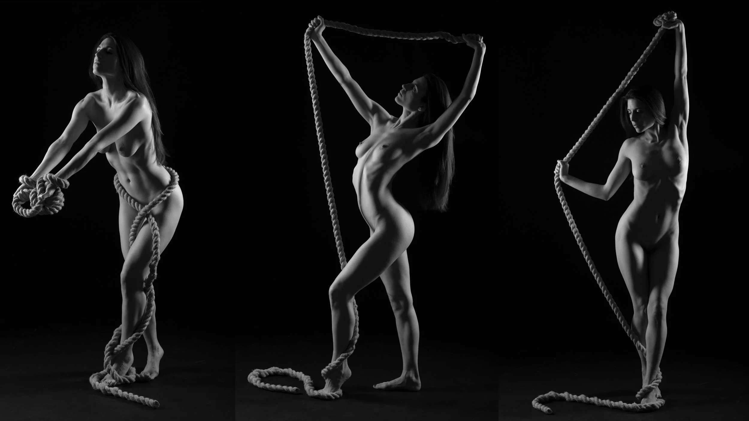 Three women posing nude with ropes against a dark background.