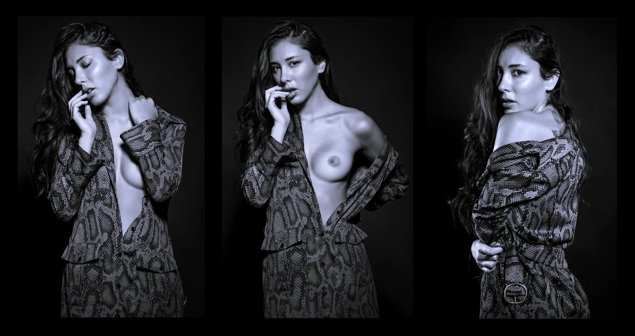 Tri-panel black and white photos of a woman with long wavy hair, wearing a snake-patterned shirt. In the first panel, she has her eyes closed and touches her lips. In the second, she looks directly at the camera with her shirt open, revealing her cle