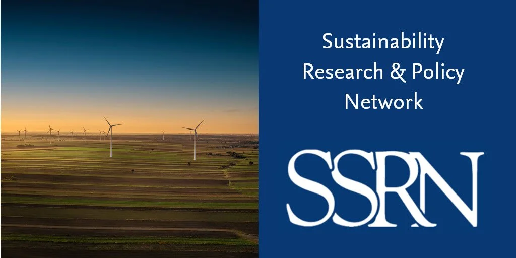Landscape with wind turbines at sunset and blue section on right side containing text 'Sustainability Research & Policy Network SSRN'.