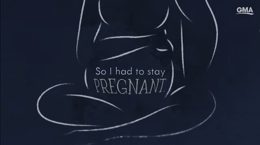 A stylized illustration of a pregnant woman with the text "So I had to stay pregnant" displayed on her belly.