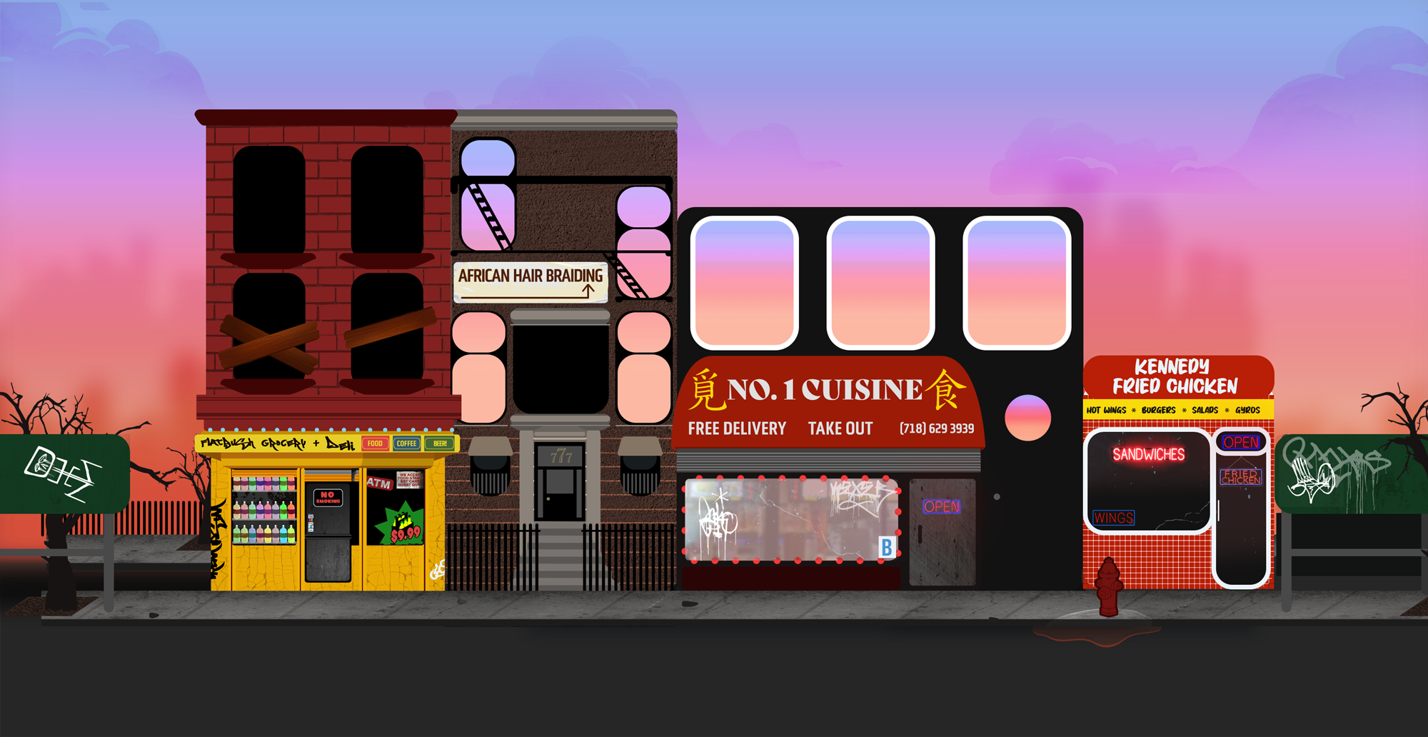 A city street scene at sunset featuring a multi-story brick building with boarded-up windows, a small yellow grocery and deli shop with graffiti on the walls, two buildings advertising restaurants and fast food, with signs for fried chicken, sandwiches, wings, and burgers. There are leafless trees, street signs, a fire hydrant, and graffiti-covered walls in the background.