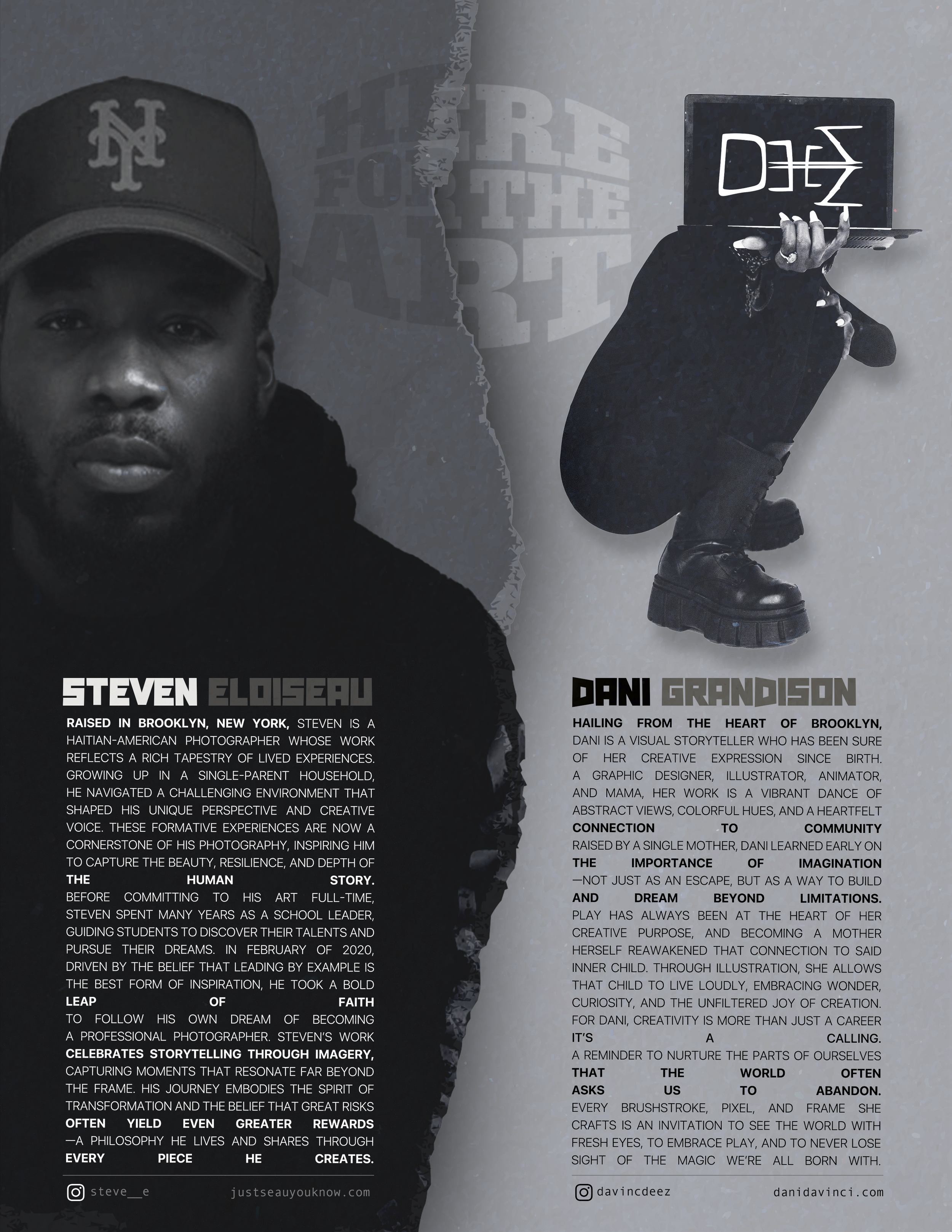 A collage featuring a close-up of a young man wearing a baseball cap on the left and a person squatting, holding a laptop with the word 'DEEP' on the screen on the right. The background includes text and design elements related to storytelling and creativity.