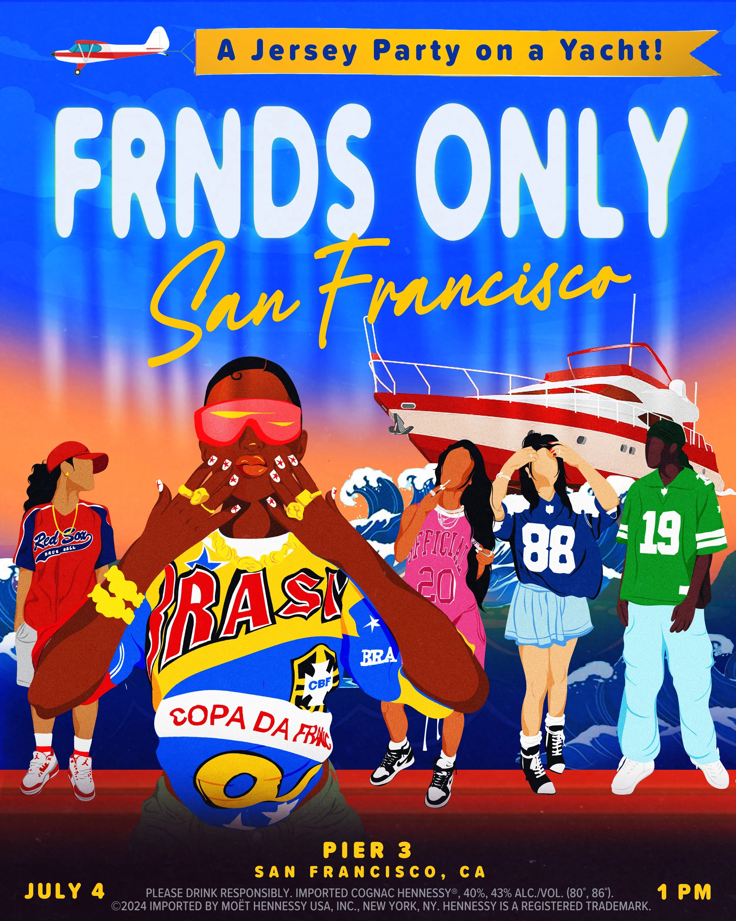 Poster advertising a party called "Friends Only" on a yacht in San Francisco. Features illustrated people partying, a yacht, and an airplane, with event details including date, location, and time.