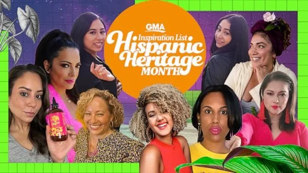 Group of diverse women posing together with an orange circle in the background that reads 'GMA Inspiration List Hispanic Heritage Month'.