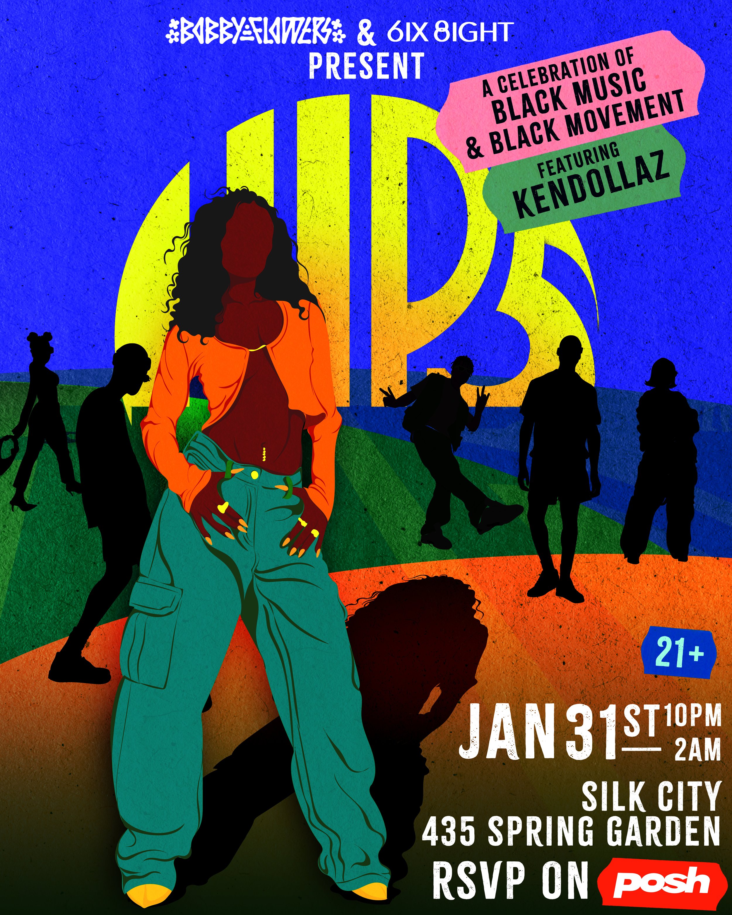 Poster for a celebration of Black Music and Black Movement featuring a woman with long curly hair wearing an orange jacket and teal baggy pants, with silhouettes of people in the background, and event details including date, time, location, age restriction, and RSVP information.
