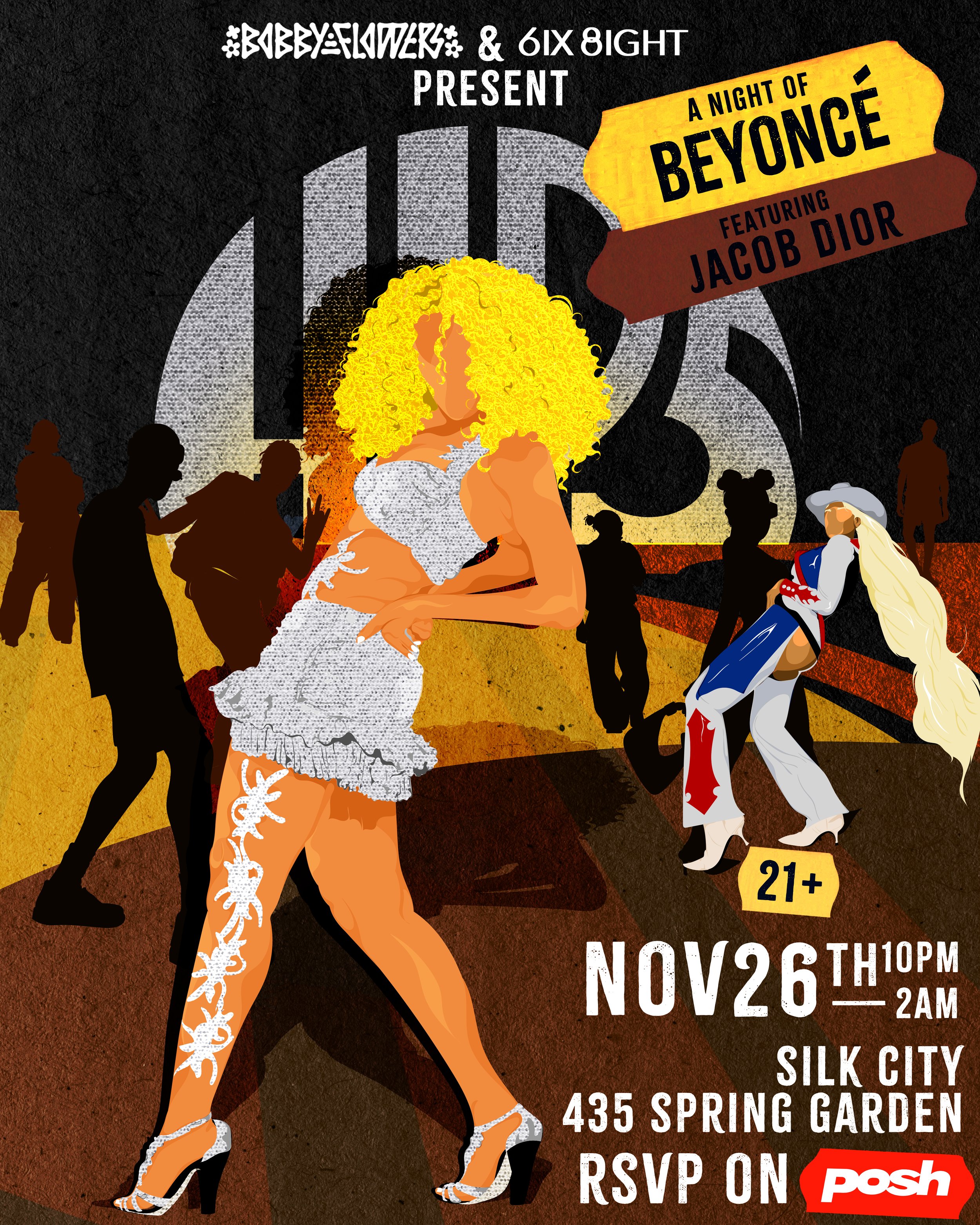 Event poster for a party with Beyoncé and Jacob Dior, featuring silhouettes of dancers in the background, a woman with curly blond hair in a white dress and high heels in the foreground, and a woman with long blond hair, cowboy hat, and colorful outfit. The event is on November 26 from 10 PM to 2 AM at Silk City, 435 Spring Garden, with RSVP on Posh.