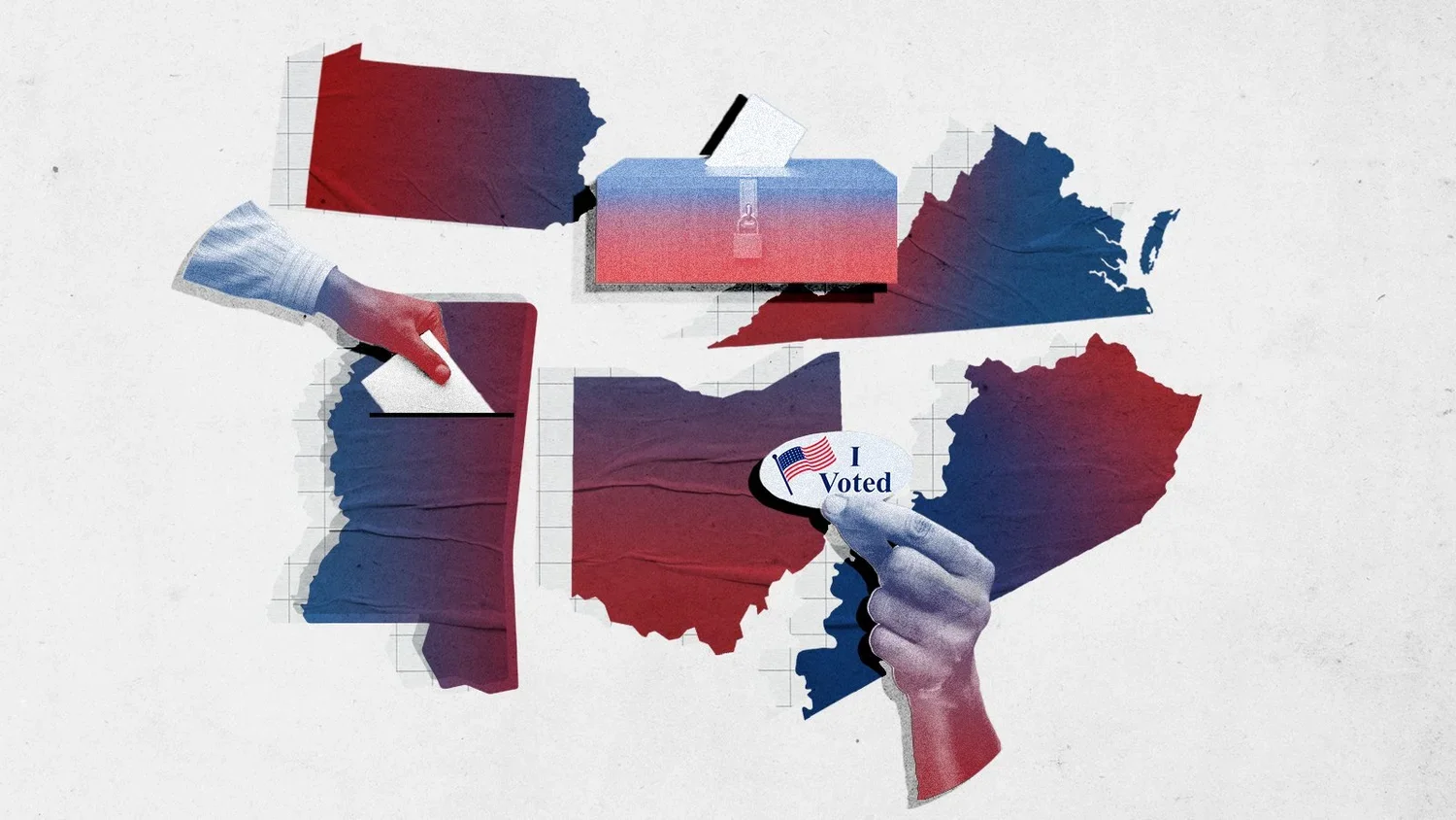 A map of the United States with different states in red, white, and blue, representing election-related imagery. Two hands, one placing a ballot into a box and the other holding an "I Voted" sticker with an American flag, emphasize voting.