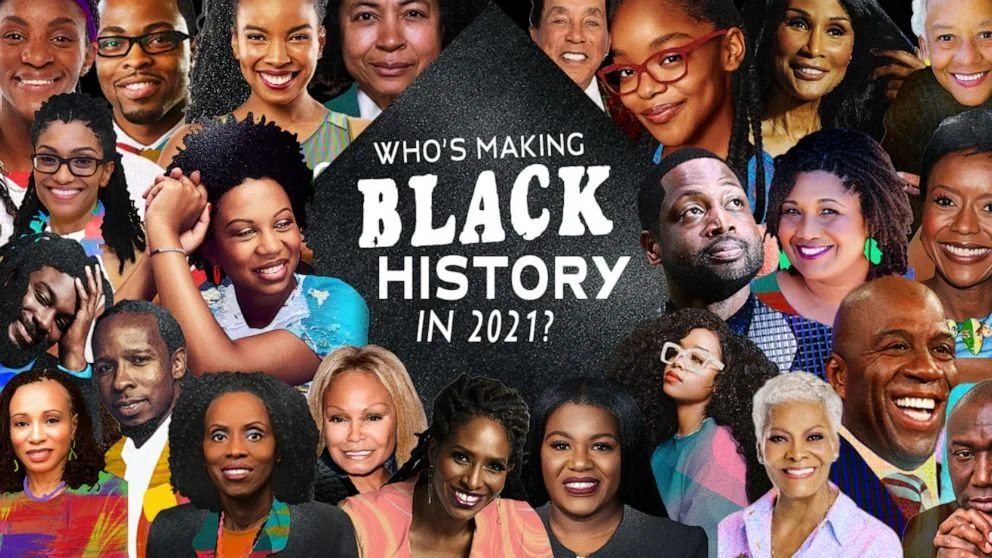 Collage of diverse African American men and women smiling, with central text asking, "Who's making Black history in 2021?"