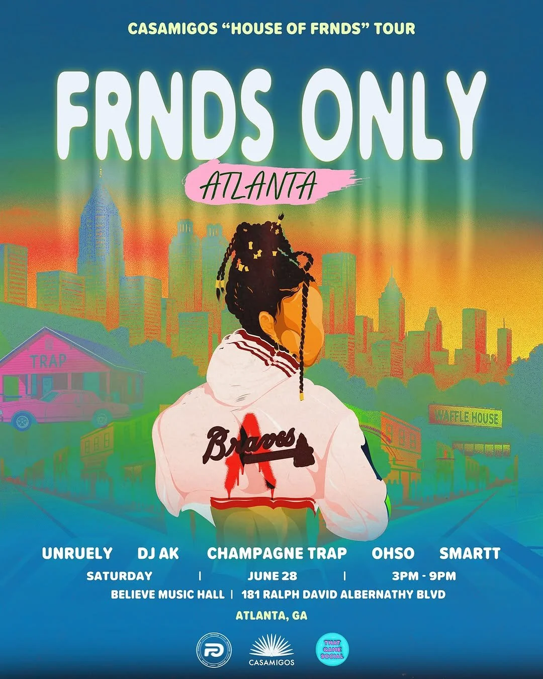 Event poster for 'Friends Only' tour in Atlanta, featuring a colorful city skyline and an illustration of a woman with braided hair wearing a white jacket with red and black design. The event is scheduled for June 28 at Believe Music Hall, from 3 PM to 9 PM, with performances by Unruly, DJ AK, Champagne Trap, Ohso, and SMARTT.