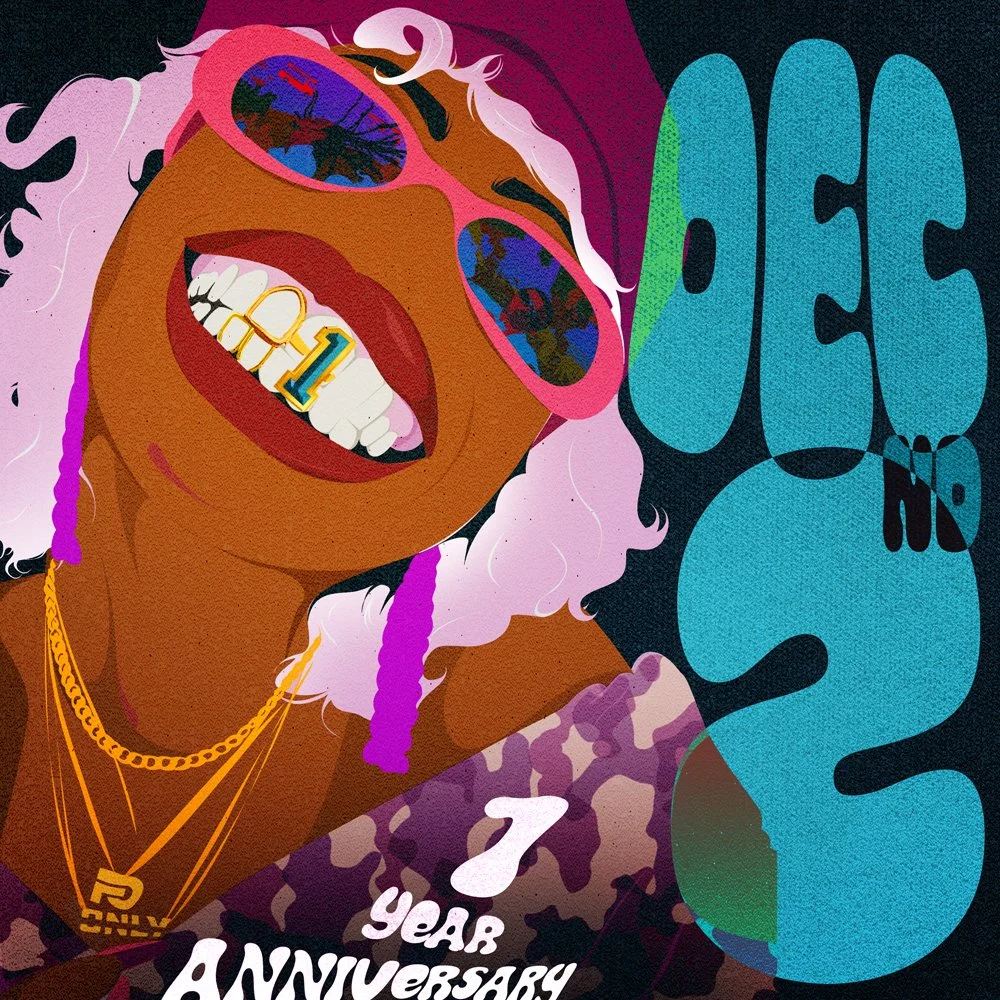 Illustration of a woman with white curly hair, wearing pink sunglasses, and gold chains with a pendant, smiling with teeth showing and a grill that reads '01'. Behind her are bold blue letters spelling 'OEE NA'S' and text below states '7 year anniversary'.