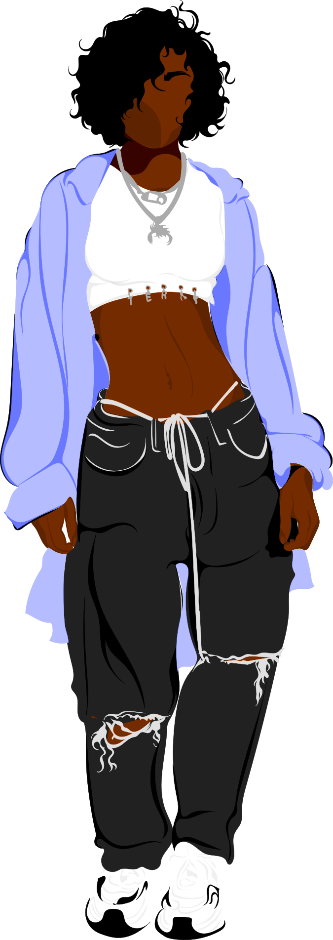 A person with dark skin and curly hair, wearing a white crop top with a lip ring symbol, black ripped baggy jeans, white sneakers, layered necklaces, and a blue oversized jacket, standing against a light background.