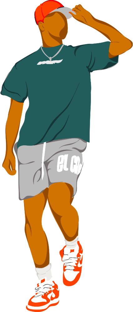 Illustration of a man wearing a red cap, teal t-shirt, gray shorts, and red and white sneakers, touching the brim of his cap.