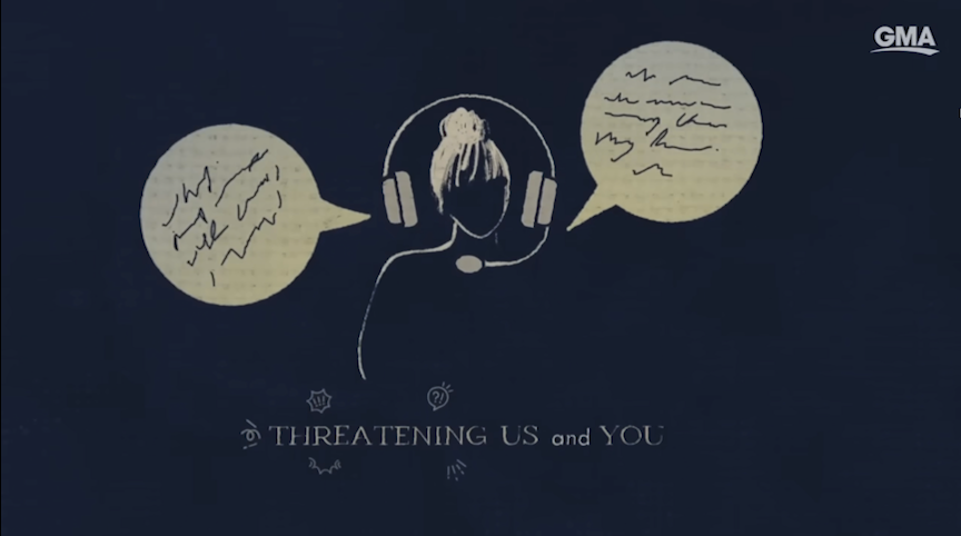 An illustrated graphic showing a person with a headset, with speech bubbles containing scribbled text on either side, and the text 'Threatening US and YOU' below. The GMA logo is in the top right corner.