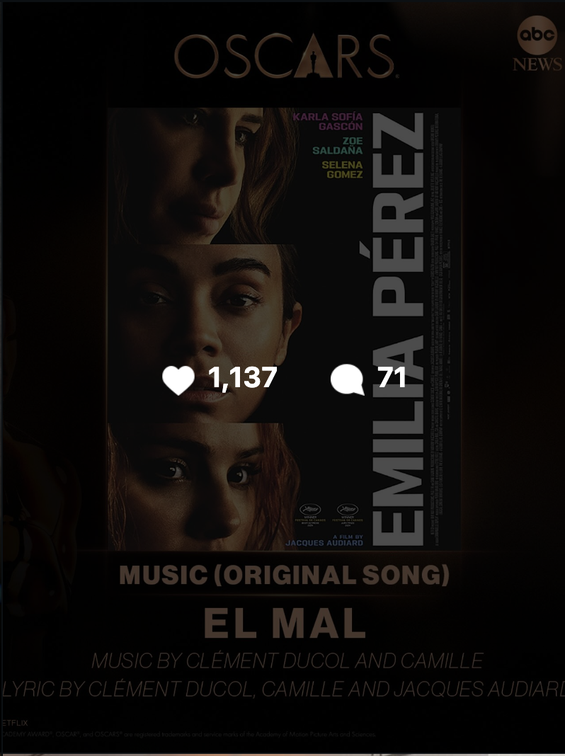 Poster for the movie 'Emily in Paris' with images of the main characters and information about the original song 'El Mal' by Clement Ducol and Camille.