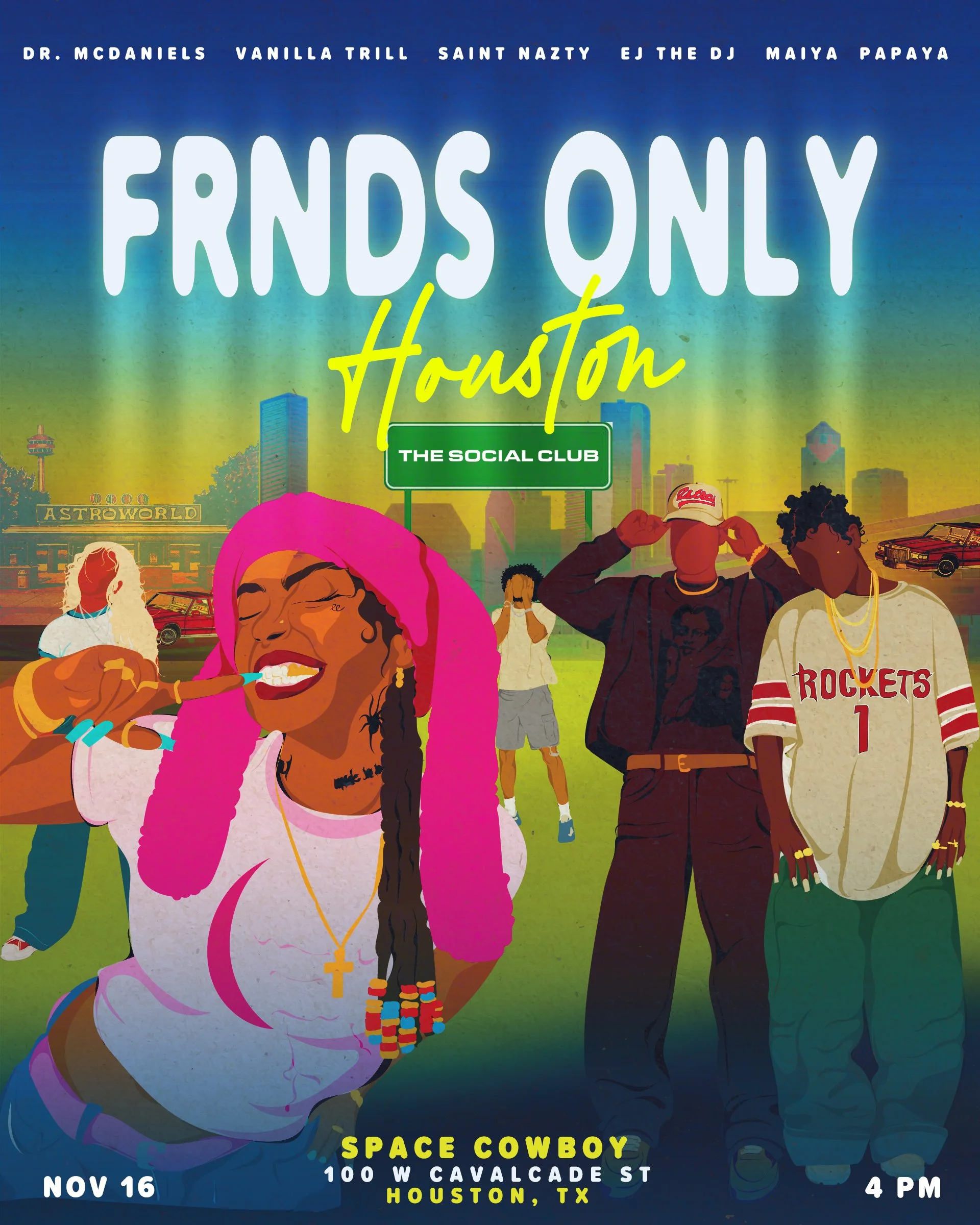 Illustration of a social club event titled "Friends Only Houston" at Space Cowboy in Houston, Texas, with animated people, a city skyline, and event details.