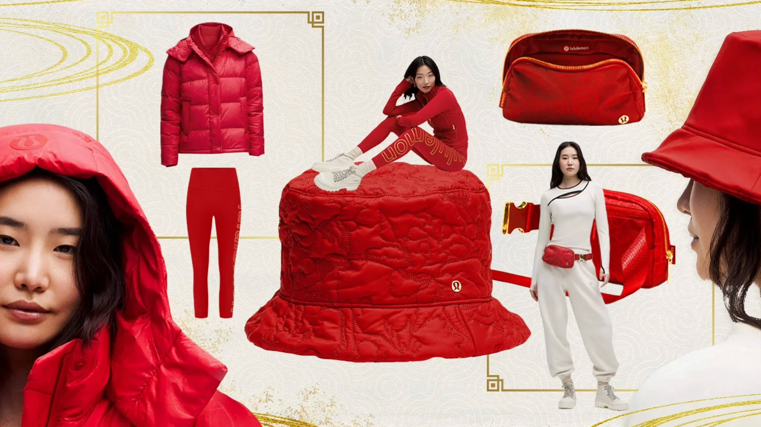 Collage of red and white winter outdoor clothing and accessories, including jackets, pants, bags, hats, with two women wearing winter outfits, one in a red jacket and another in a white outfit, set against a festive background.
