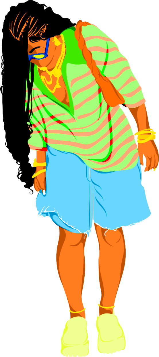 A digital illustration of a person wearing a green striped shirt, ripped denim shorts, yellow sneakers, and colorful accessories including bracelets, necklaces, and sunglasses. The individual has long braided hair and is looking down.