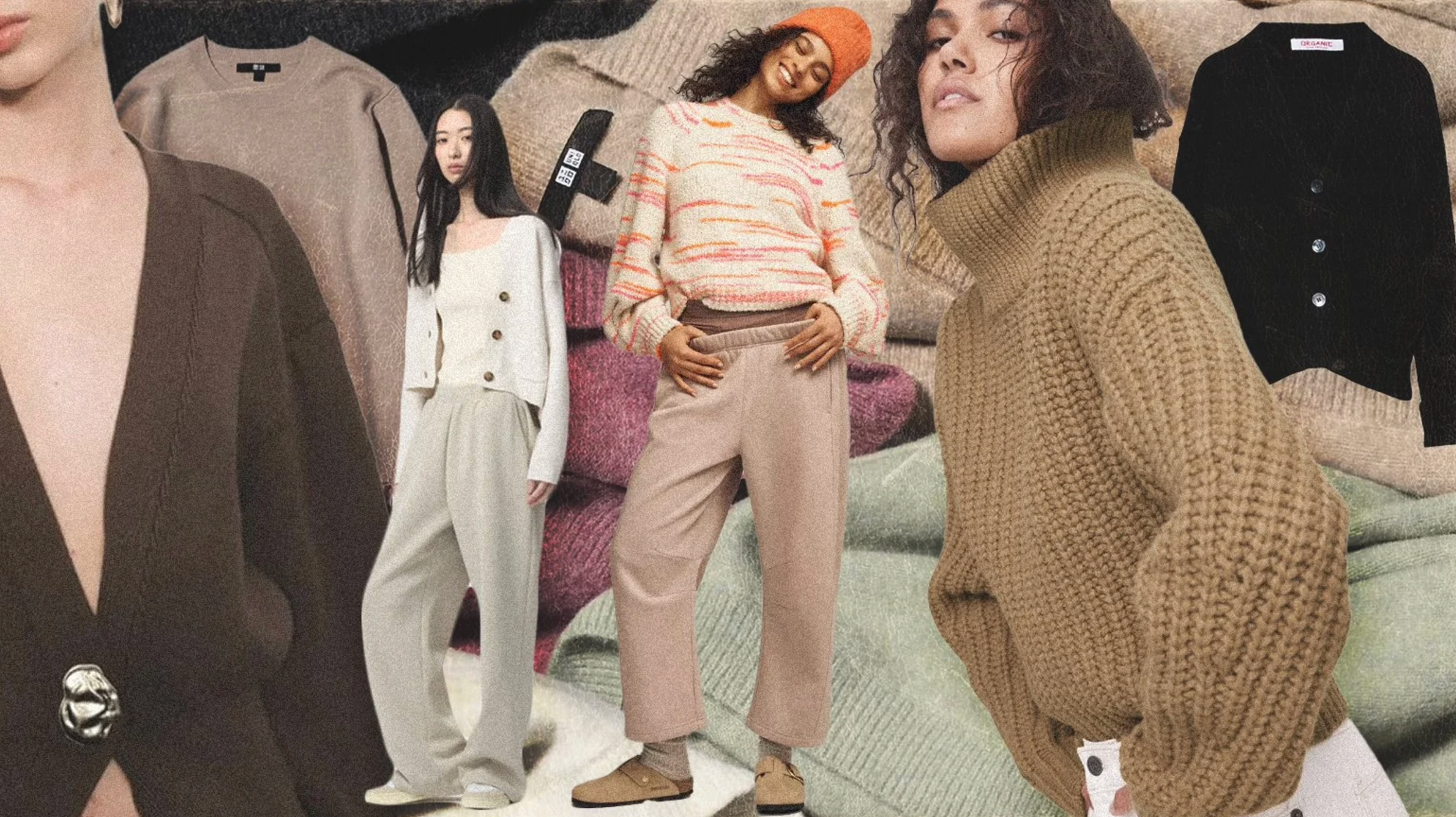 Fashion collage featuring several women modeling knitwear, sweaters, and cardigans in earthy tones, along with fabric swatches in the background.