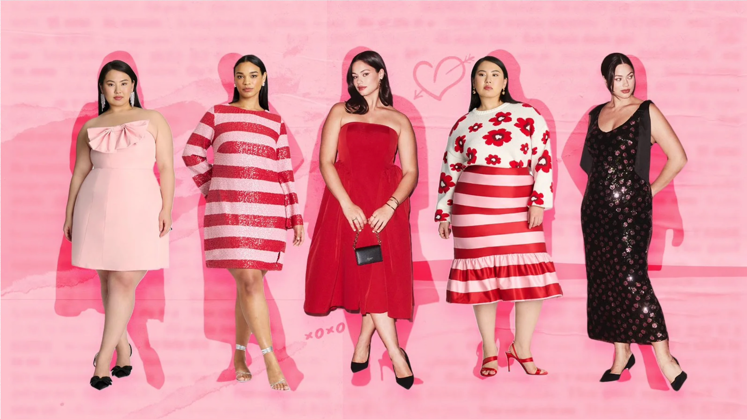 Five women standing in a row wearing pink and red outfits against a pink background with heart and love-themed decorations.