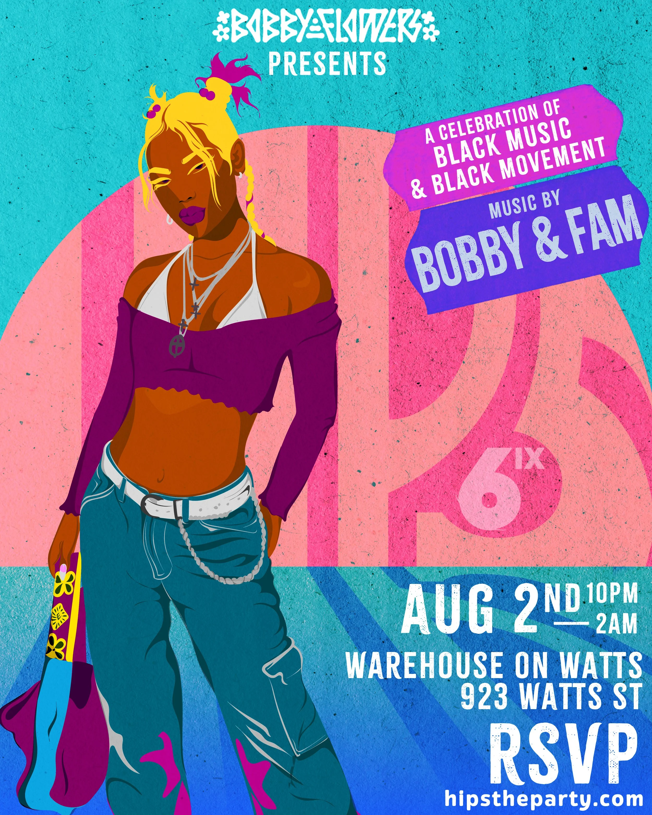 Colorful flyer for a music event with an illustrated woman with blond hair in braids and hair buns, wearing a purple off-shoulder crop top, blue jeans, and holding a colorful bag. Text promotes 'Biddy Flowers Presents,' a celebration of Black music and Black movement by Bobby & Fam, taking place on August 2nd from 10 PM to 2 AM at Warehouse on Watts, 923 Watts Street, with RSVP details.
