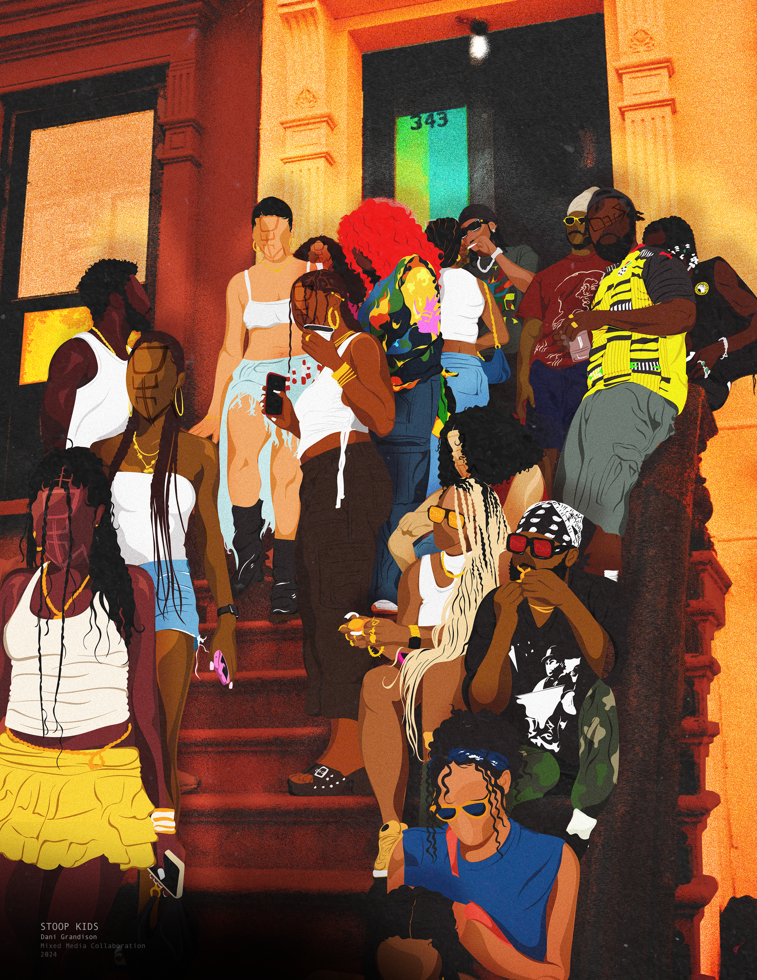 A digital illustration of a diverse group of people gathered on stairs outside a building, some using phones, with warm lighting and a city setting.