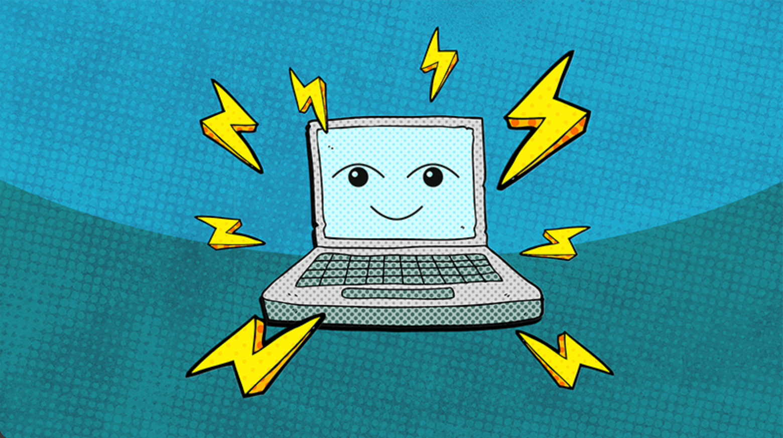 A cartoon image of an open laptop with a smiling face on its screen, surrounded by yellow lightning bolt symbols.
