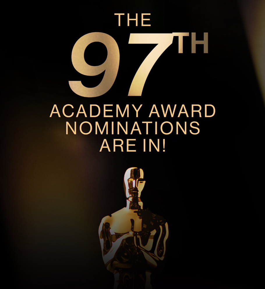 Announcement of the 97th Academy Award nominations, featuring a golden Oscar statuette on a black background.