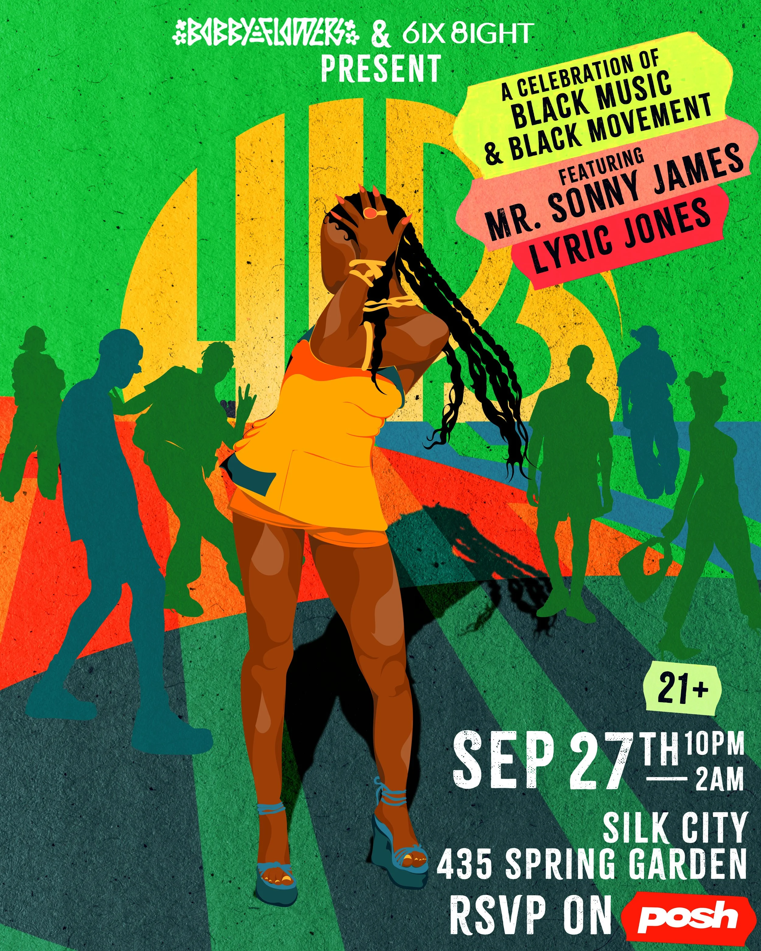 A colorful poster for a Black music and movement celebration featuring a woman with dreadlocks in a yellow outfit, standing with a hand shielding her eyes. Silhouettes of people dancing and walking are in the background. The event details are displayed: September 27, 10 PM to 2 AM, Silk City, 435 Spring Garden. RSVP on Posh.