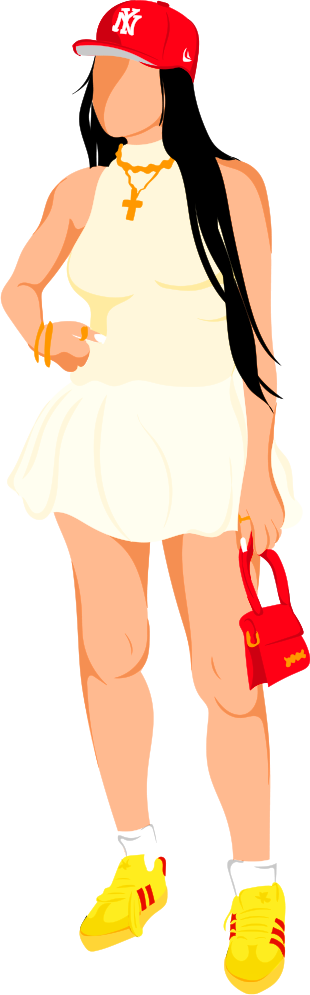 A cartoon woman with long black hair wearing a red sports cap, yellow sneakers, a white dress, and gold jewelry, holding a small red handbag.