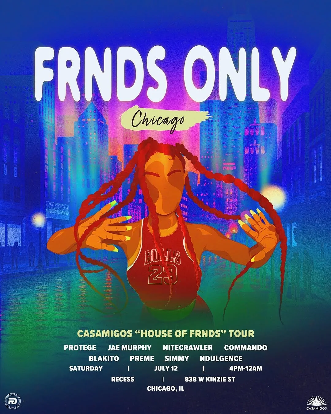 A promotional poster for Casamigos's 'House of Friends' tour featuring a stylized illustration of a woman with long braids wearing a Chicago Bulls sports top. The background depicts a vibrant cityscape of Chicago with bright colors and neon lights. The poster includes event details: date, time, location, and performers.