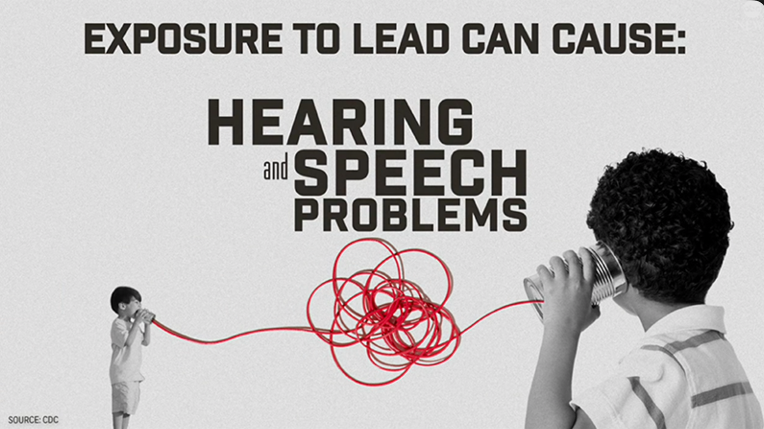 A child holding a red string connected to a chaotic mass of red loops, with a person holding a can to their ear, representing hearing and speech problems caused by lead exposure. Text states, "Exposure to lead can cause: hearing and speech problems." Source: CDC.