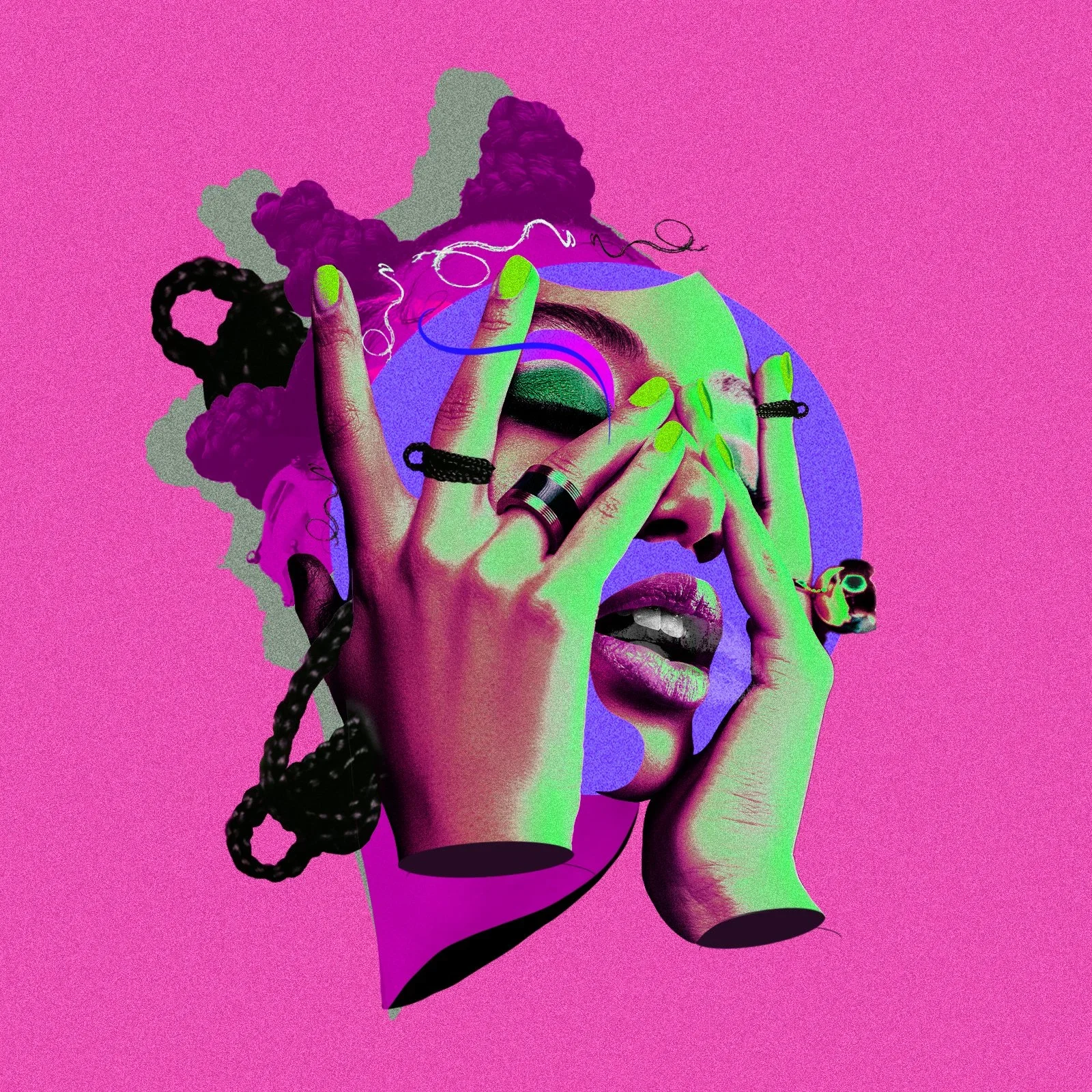 A digitally manipulated portrait of a woman with bright green nails, dark makeup, and rings, covering her face with her hands, set against a pink background with colorful abstract elements.
