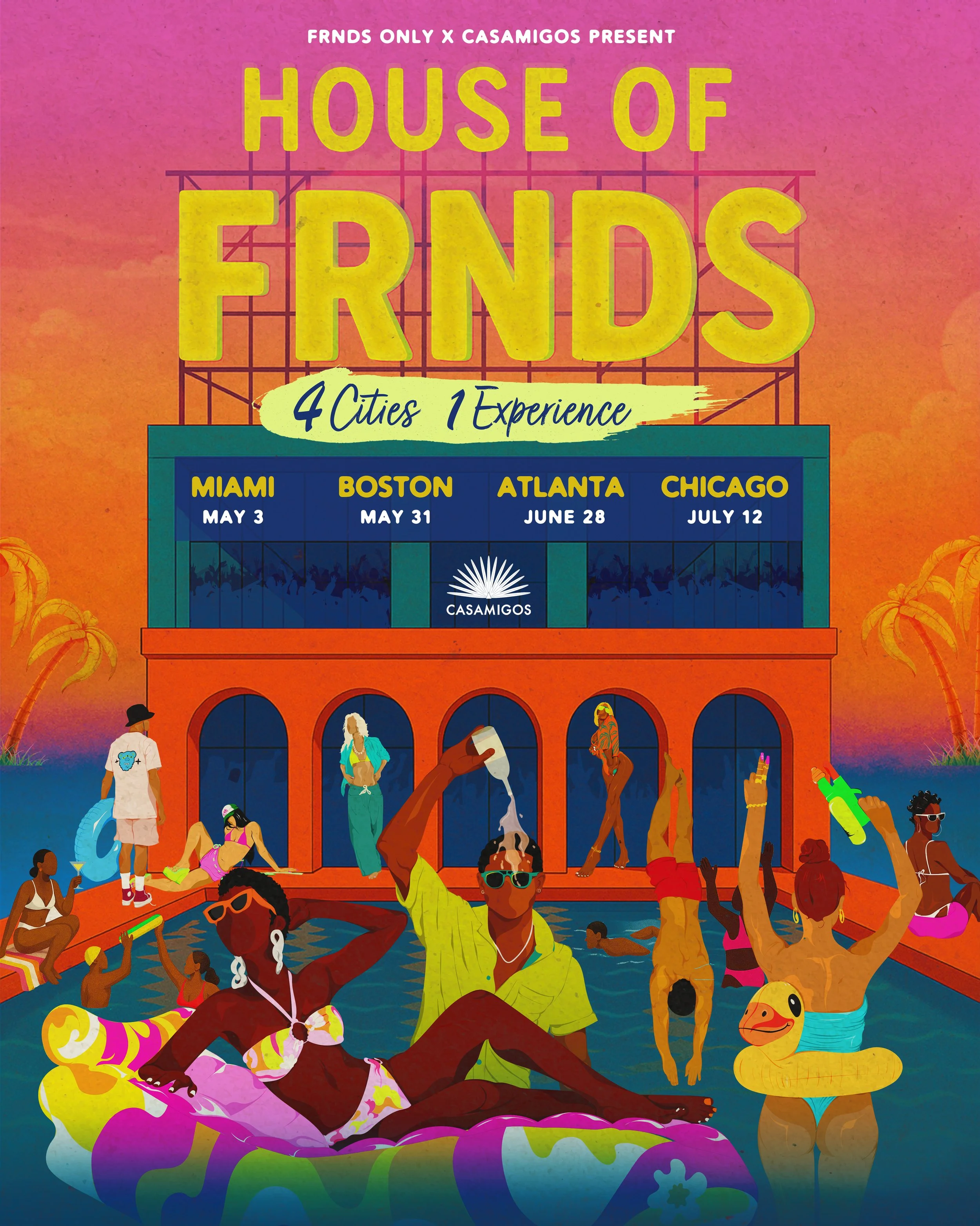 Colorful poster advertising 'House of FRNDs,' a traveling event with stops in Miami, Boston, Atlanta, and Chicago, featuring a large swimming pool scene with people lounging, swimming, and enjoying a summer party.